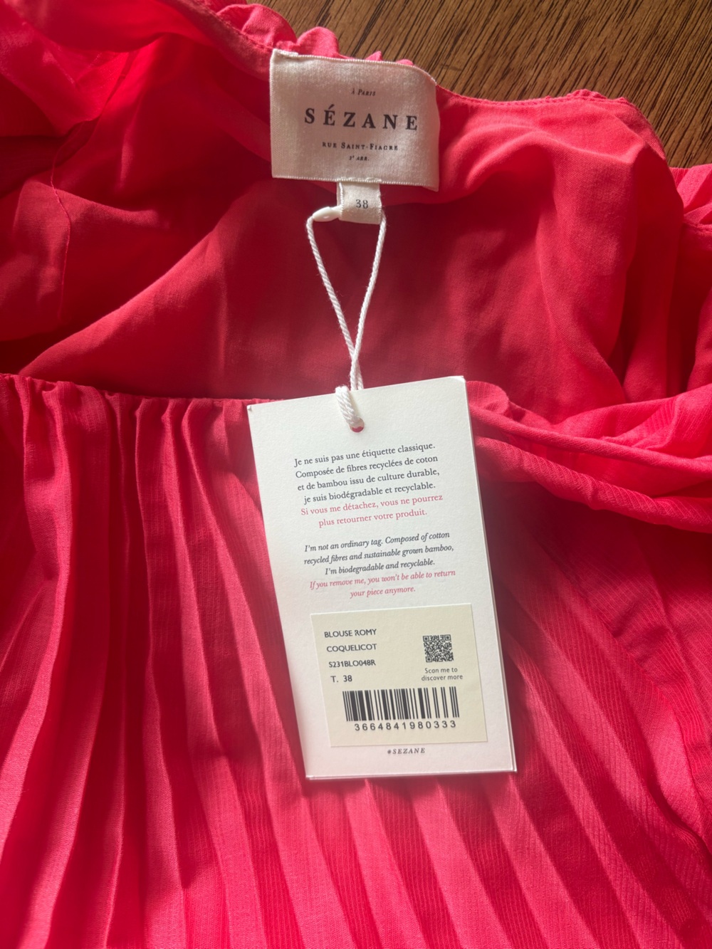 Sezane NWT Romy Blouse Poppy SZ 6 - Picture 5 of 6